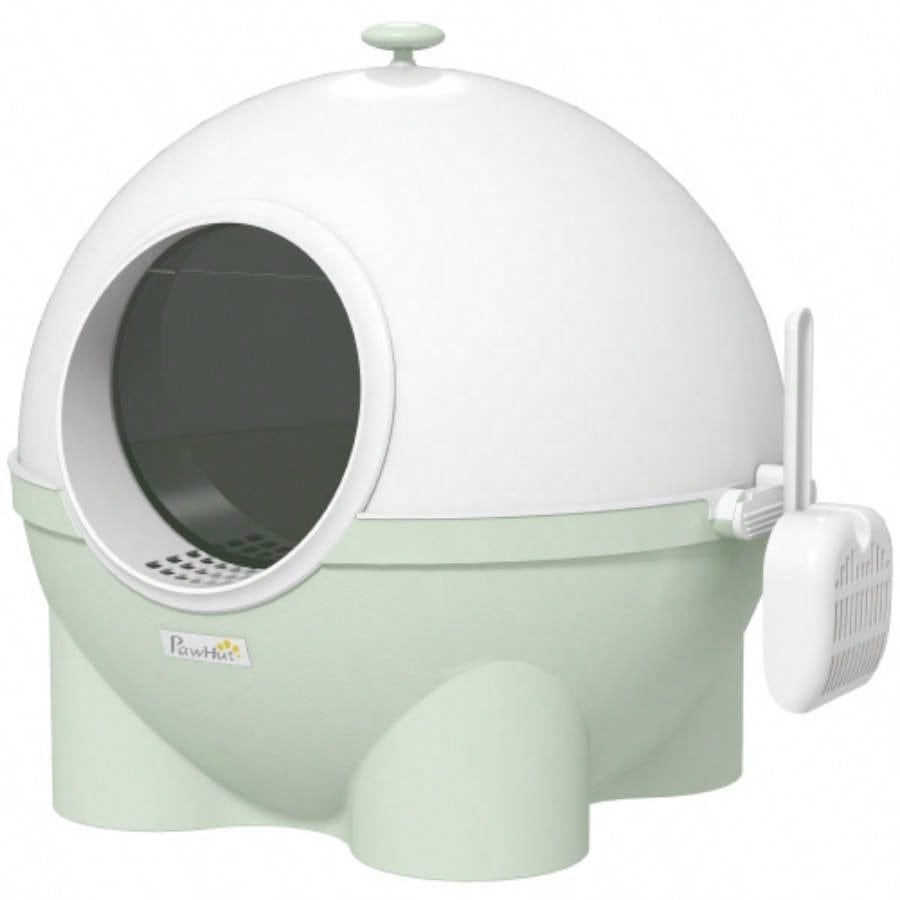 PawHut Hooded Litter Box, Large Litter Pan with Lid, Scoop, Leaking Sand Pedal, Top Handle, Light Green