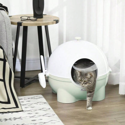 PawHut Hooded Litter Box, Large Litter Pan with Lid, Scoop, Leaking Sand Pedal, Top Handle, Light Green