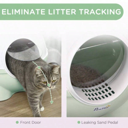 PawHut Hooded Litter Box, Large Litter Pan with Lid, Scoop, Leaking Sand Pedal, Top Handle, Light Green