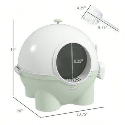 PawHut Hooded Litter Box, Large Litter Pan with Lid, Scoop, Leaking Sand Pedal, Top Handle, Light Green