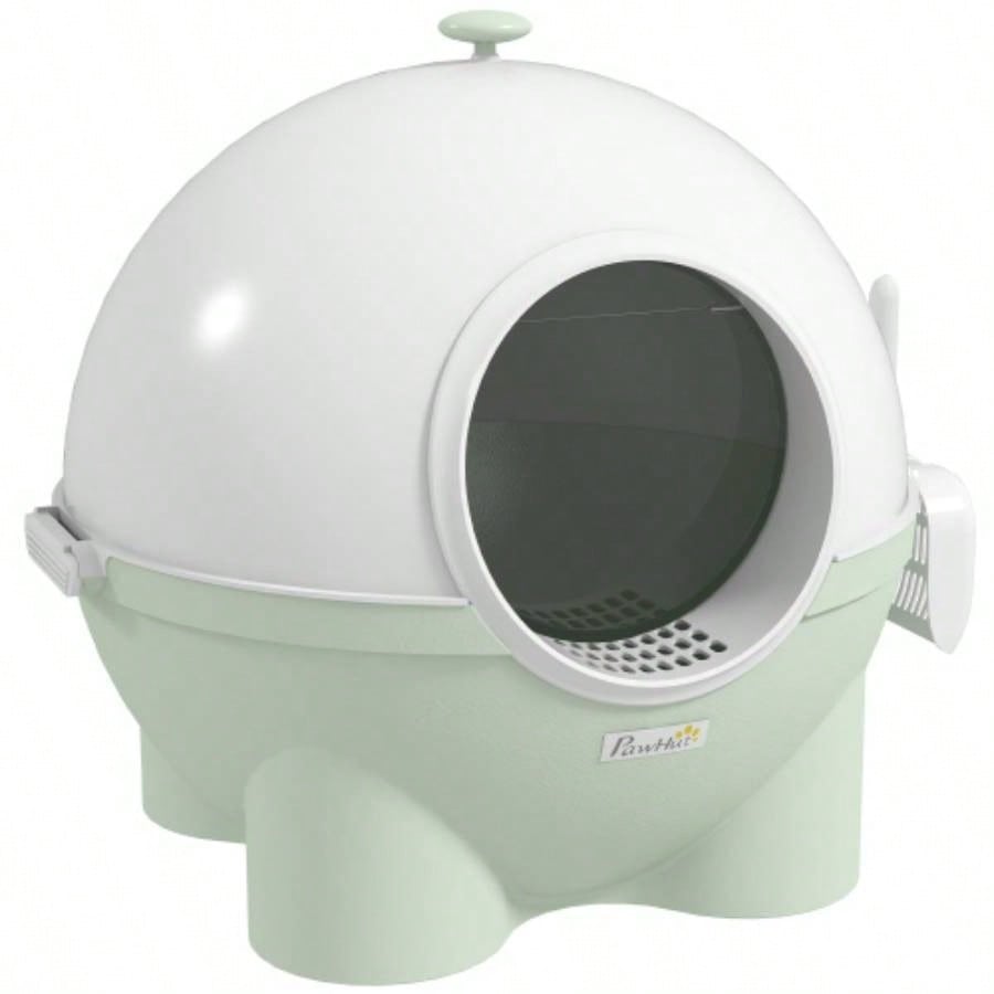 PawHut Hooded Litter Box, Large Litter Pan with Lid, Scoop, Leaking Sand Pedal, Top Handle, Light Green