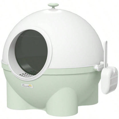 PawHut Hooded Litter Box, Large Litter Pan with Lid, Scoop, Leaking Sand Pedal, Top Handle, Light Green