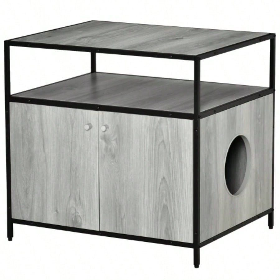 PawHut Wooden Litter Box Enclosure, Hidden Kitten Washroom, Indoor End Table with Magnetic Doors Storage Shelves, Gray