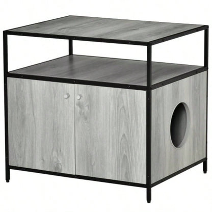 PawHut Wooden Litter Box Enclosure, Hidden Kitten Washroom, Indoor End Table with Magnetic Doors Storage Shelves, Gray