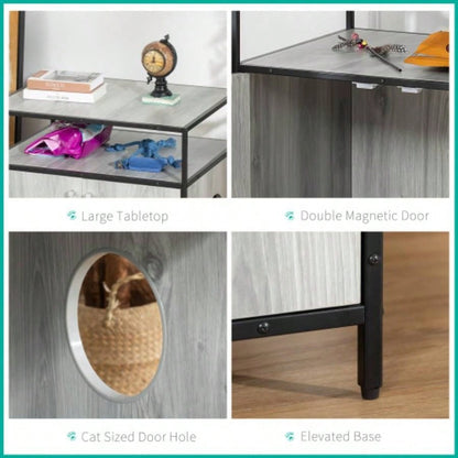 PawHut Wooden Litter Box Enclosure, Hidden Kitten Washroom, Indoor End Table with Magnetic Doors Storage Shelves, Gray