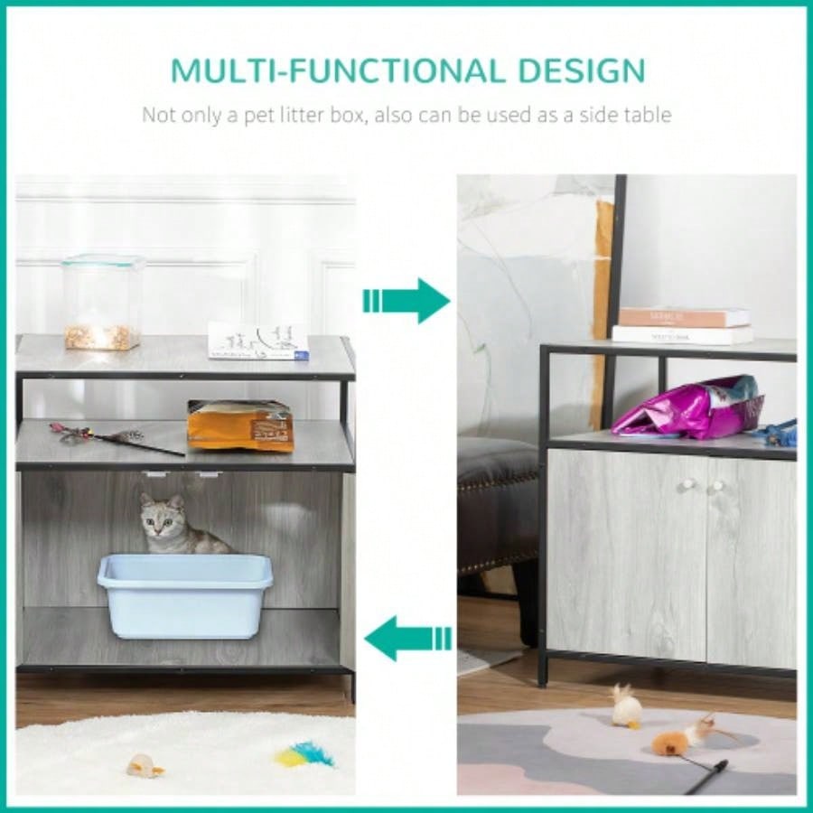 PawHut Wooden Litter Box Enclosure, Hidden Kitten Washroom, Indoor End Table with Magnetic Doors Storage Shelves, Gray