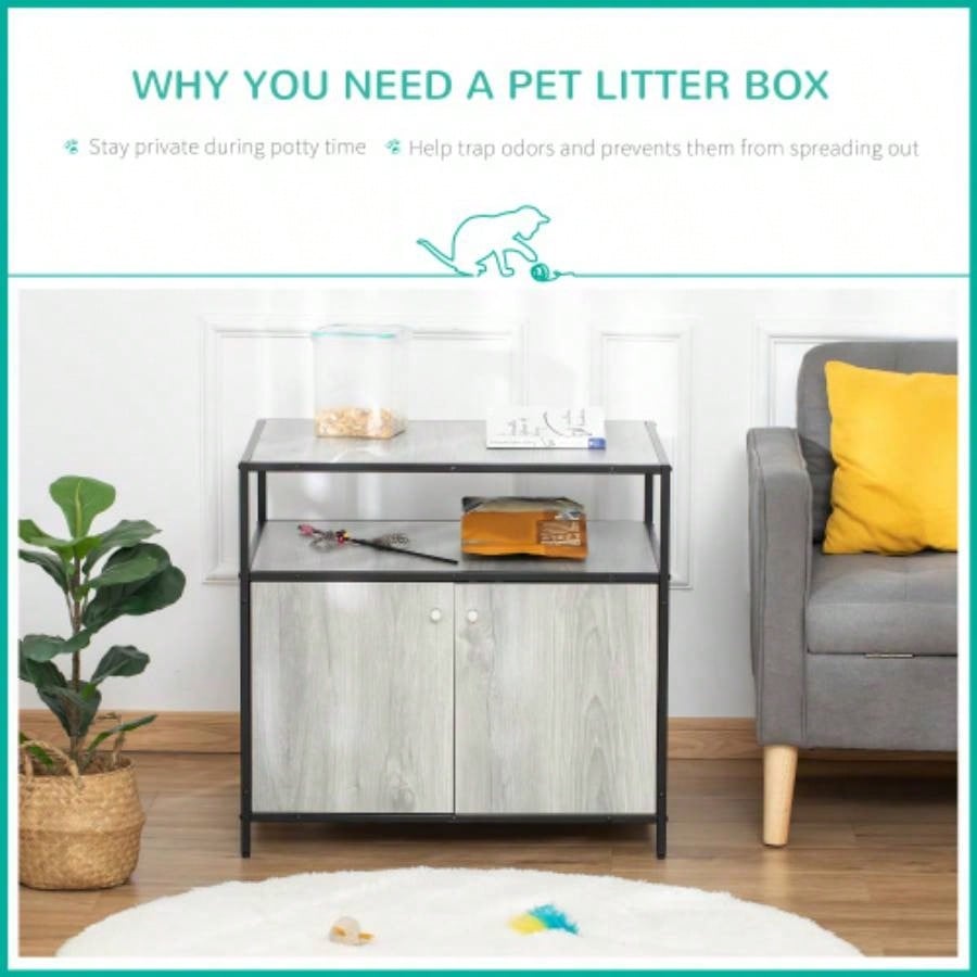 PawHut Wooden Litter Box Enclosure, Hidden Kitten Washroom, Indoor End Table with Magnetic Doors Storage Shelves, Gray