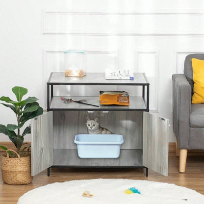 PawHut Wooden Litter Box Enclosure, Hidden Kitten Washroom, Indoor End Table with Magnetic Doors Storage Shelves, Gray