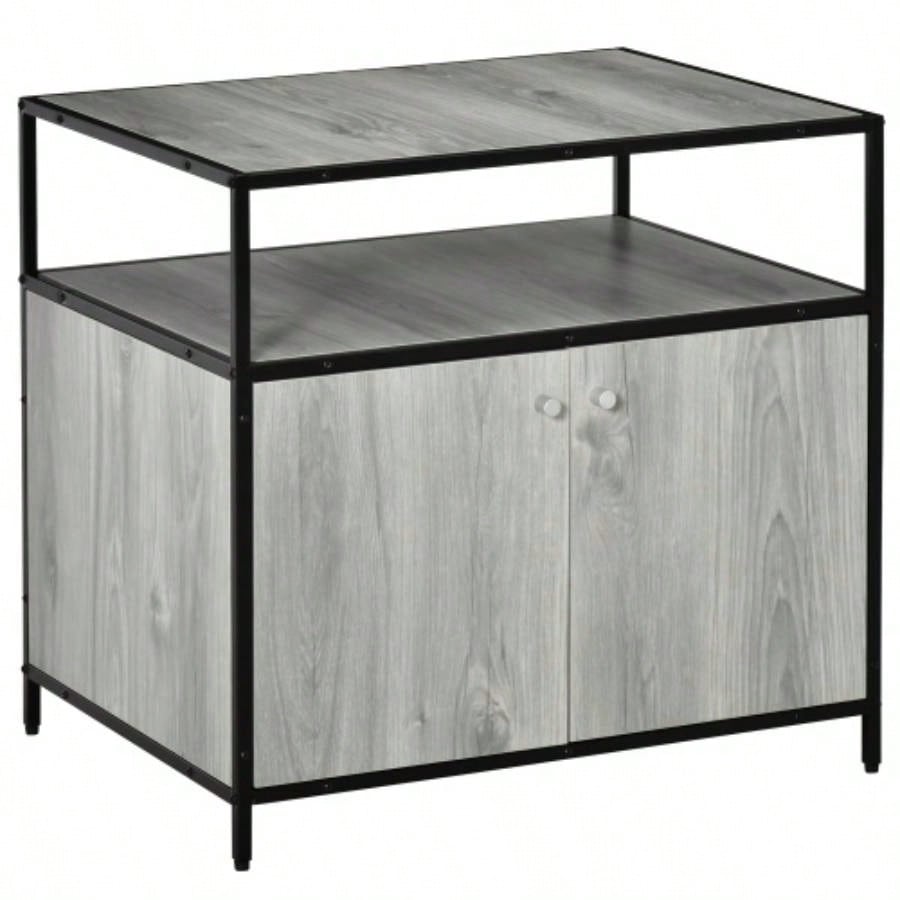 PawHut Wooden Litter Box Enclosure, Hidden Kitten Washroom, Indoor End Table with Magnetic Doors Storage Shelves, Gray