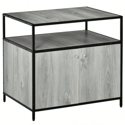 PawHut Wooden Litter Box Enclosure, Hidden Kitten Washroom, Indoor End Table with Magnetic Doors Storage Shelves, Gray