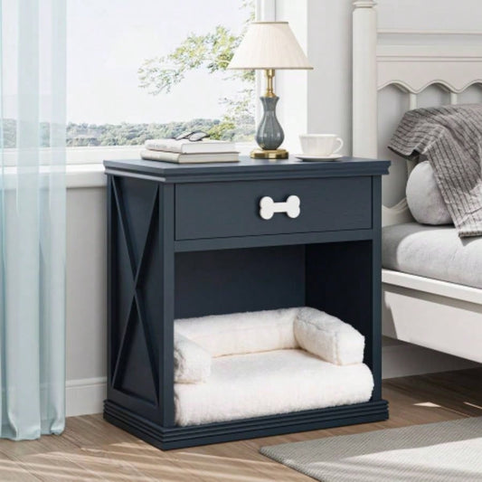 Vintage Small Storage Cabinet with Led Light and Pet Bed, Hidden Litter Box with Drawer and Semi - Open Space