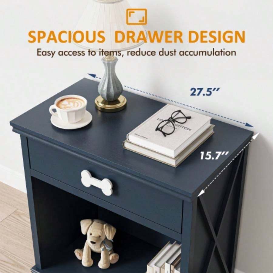Vintage Small Storage Cabinet with Led Light and Pet Bed, Hidden Litter Box with Drawer and Semi - Open Space