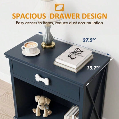 Vintage Small Storage Cabinet with Led Light and Pet Bed, Hidden Litter Box with Drawer and Semi - Open Space