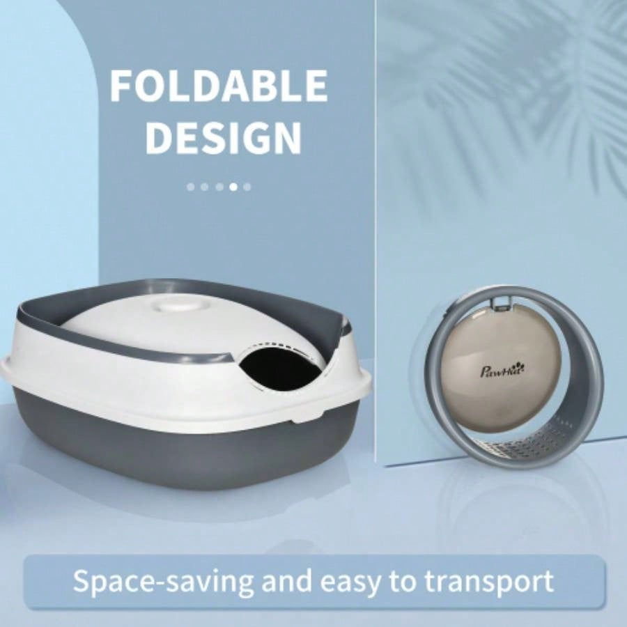 PawHut Litter Box with Lid, Covered Litter Box/ High Sides, Freshener, Large Two - Way Entrance Litter Box, Foldable, Easy Clean, White, and Gray