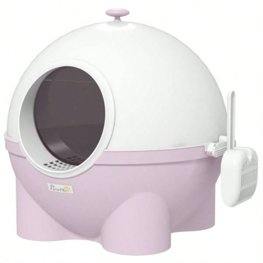 PawHut Hooded Litter Box, Large Litter Pan with Lid, Scoop, Leaking Sand Pedal, Top Handle, Light Pink