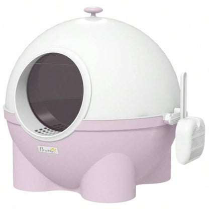 PawHut Hooded Litter Box, Large Litter Pan with Lid, Scoop, Leaking Sand Pedal, Top Handle, Light Pink