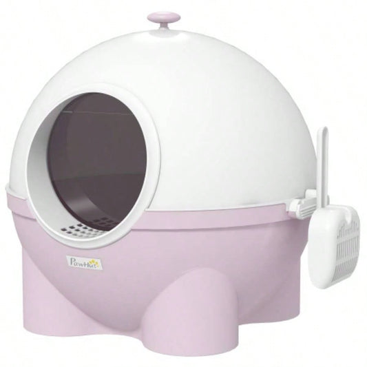 PawHut Hooded Litter Box, Large Litter Pan with Lid, Scoop, Leaking Sand Pedal, Top Handle, Light Pink