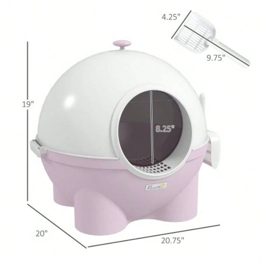 PawHut Hooded Litter Box, Large Litter Pan with Lid, Scoop, Leaking Sand Pedal, Top Handle, Light Pink
