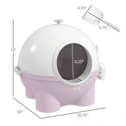 PawHut Hooded Litter Box, Large Litter Pan with Lid, Scoop, Leaking Sand Pedal, Top Handle, Light Pink
