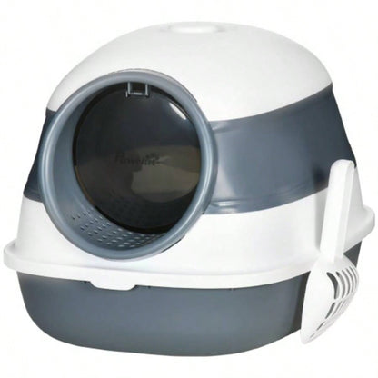 PawHut Litter Box with Lid, Covered Litter Box/ High Sides, Freshener, Large Two - Way Entrance Litter Box, Foldable, Easy Clean, White, and Gray