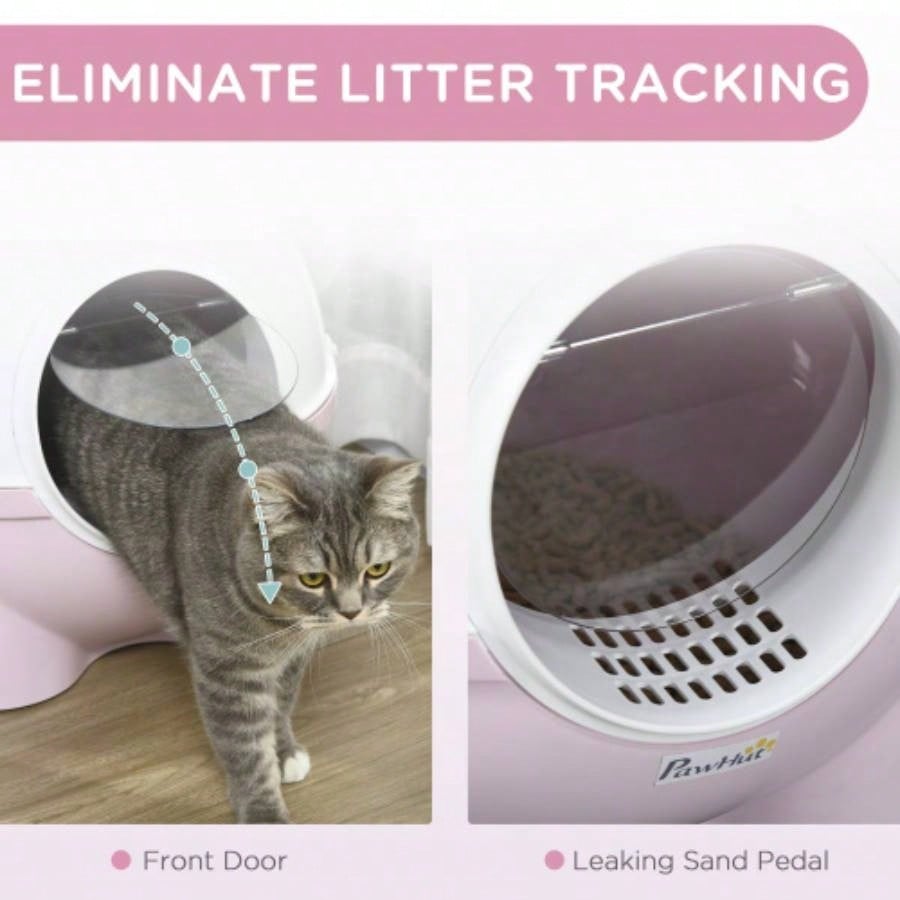 PawHut Hooded Litter Box, Large Litter Pan with Lid, Scoop, Leaking Sand Pedal, Top Handle, Light Pink