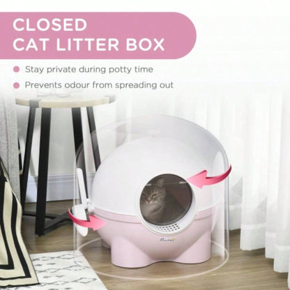 PawHut Hooded Litter Box, Large Litter Pan with Lid, Scoop, Leaking Sand Pedal, Top Handle, Light Pink