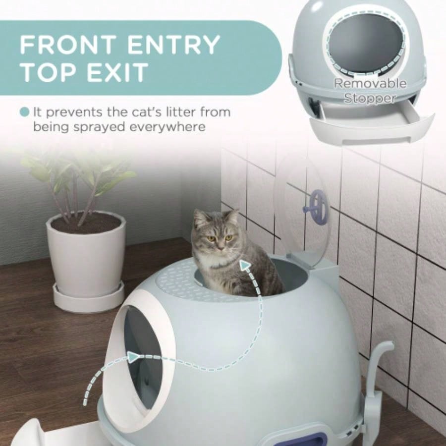 PawHut Covered Litter Box, Litter Box with a Lid, Scoop Enclosed Drawer Skylight Cats Thats Easy to Clean, Blue