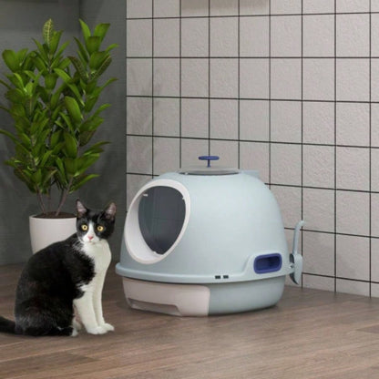 PawHut Covered Litter Box, Litter Box with a Lid, Scoop Enclosed Drawer Skylight Cats Thats Easy to Clean, Blue