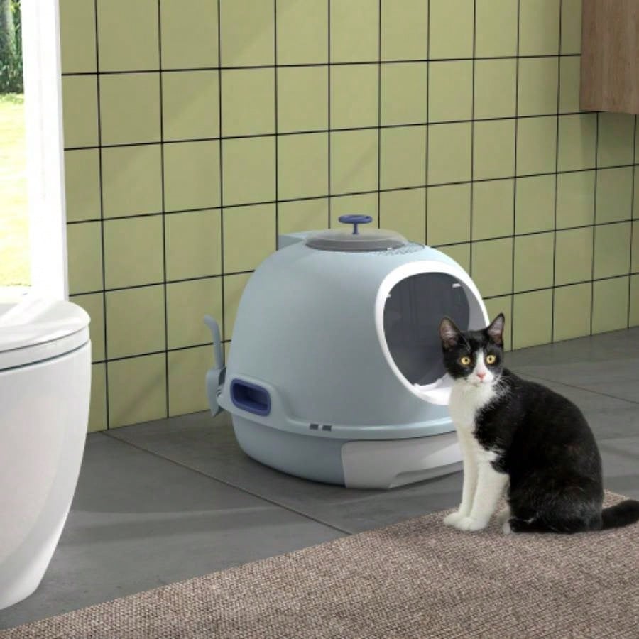 PawHut Covered Litter Box, Litter Box with a Lid, Scoop Enclosed Drawer Skylight Cats Thats Easy to Clean, Blue