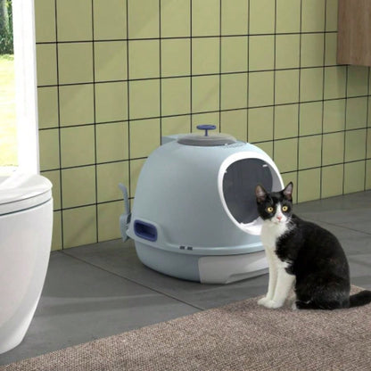 PawHut Covered Litter Box, Litter Box with a Lid, Scoop Enclosed Drawer Skylight Cats Thats Easy to Clean, Blue