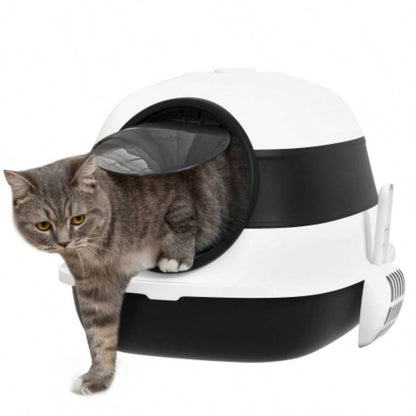 PawHut Litter Box with Lid, Covered Litter Box/ High Sides, Freshener, Large Two - Way Entrance Litter Box, Foldable, Easy Clean, White, and Black