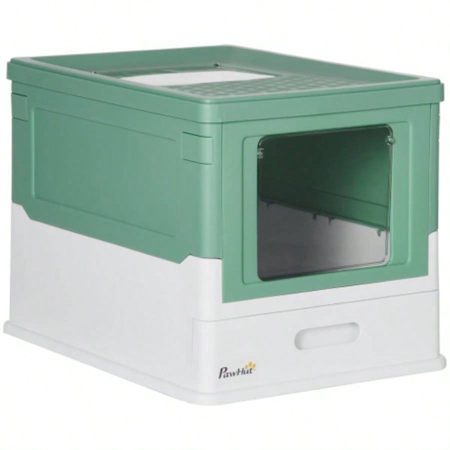 PawHut Fully Enclosed Litter Box with Scoop, Hooded Litter House with Drawer Type Tray, Foldable Smell Proof Potty with Front Entry, Top Exit, Portable Pet Toilet with Large Space, Green
