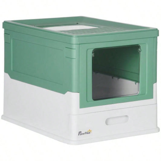 PawHut Fully Enclosed Litter Box with Scoop, Hooded Litter House with Drawer Type Tray, Foldable Smell Proof Potty with Front Entry, Top Exit, Portable Pet Toilet with Large Space, Green