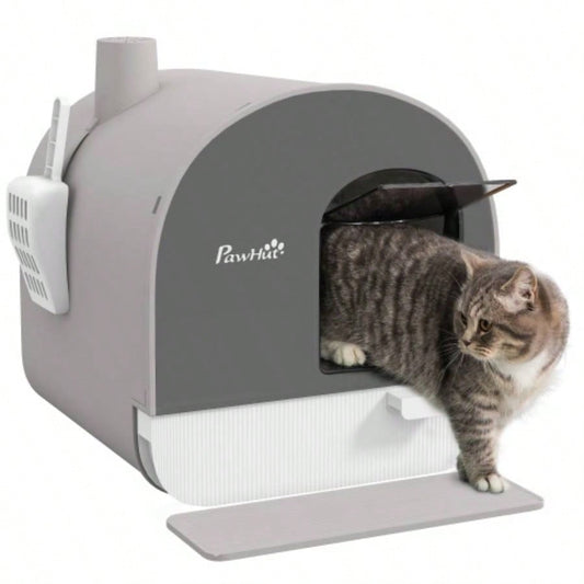PawHut Litter Box with Lid, Covered Litter Box Indoor Cats with Tray, Scoop, 17x 17x 18.5 Light Gray