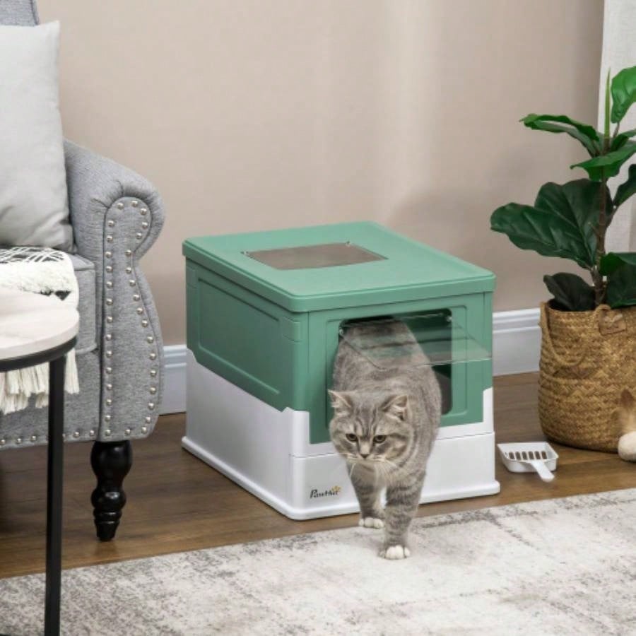 PawHut Fully Enclosed Litter Box with Scoop, Hooded Litter House with Drawer Type Tray, Foldable Smell Proof Potty with Front Entry, Top Exit, Portable Pet Toilet with Large Space, Green