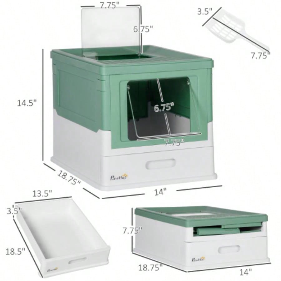 PawHut Fully Enclosed Litter Box with Scoop, Hooded Litter House with Drawer Type Tray, Foldable Smell Proof Potty with Front Entry, Top Exit, Portable Pet Toilet with Large Space, Green