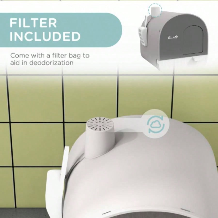 PawHut Litter Box with Lid, Covered Litter Box Indoor Cats with Tray, Scoop, 17x 17x 18.5 Light Gray