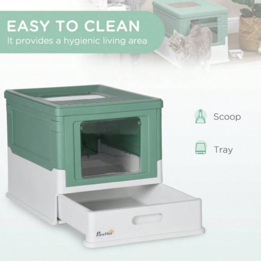 PawHut Fully Enclosed Litter Box with Scoop, Hooded Litter House with Drawer Type Tray, Foldable Smell Proof Potty with Front Entry, Top Exit, Portable Pet Toilet with Large Space, Green