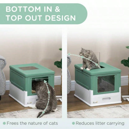 PawHut Fully Enclosed Litter Box with Scoop, Hooded Litter House with Drawer Type Tray, Foldable Smell Proof Potty with Front Entry, Top Exit, Portable Pet Toilet with Large Space, Green