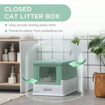 PawHut Fully Enclosed Litter Box with Scoop, Hooded Litter House with Drawer Type Tray, Foldable Smell Proof Potty with Front Entry, Top Exit, Portable Pet Toilet with Large Space, Green