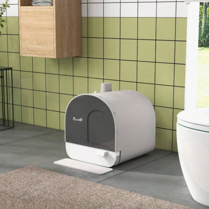 PawHut Litter Box with Lid, Covered Litter Box Indoor Cats with Tray, Scoop, 17x 17x 18.5 Light Gray