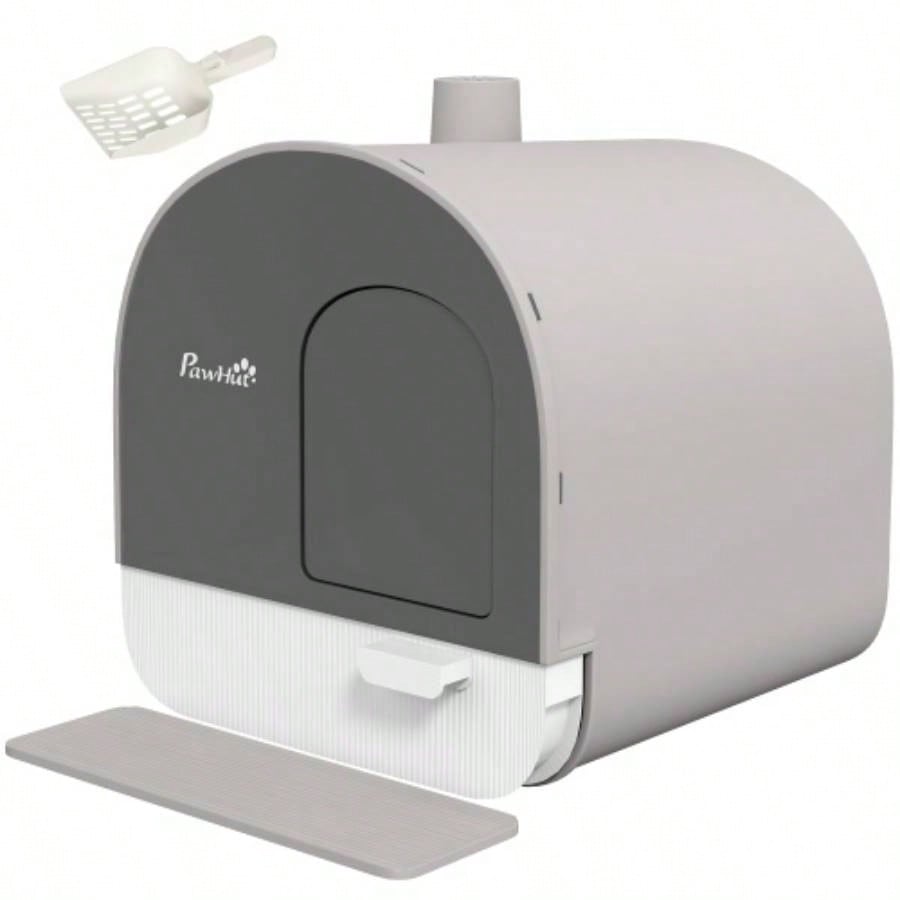 PawHut Litter Box with Lid, Covered Litter Box Indoor Cats with Tray, Scoop, 17x 17x 18.5 Light Gray