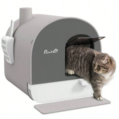PawHut Litter Box with Lid, Covered Litter Box Indoor Cats with Tray, Scoop, 17x 17x 18.5 Light Gray