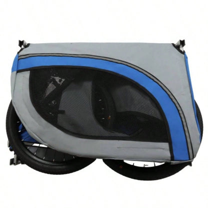 Large Folding Bike Trailer Dogs - 66LB Capacity All - Terrain, Durable Steel Frame Cycling, Jogging, Camping Outdoor Adventures, Gray - Blue