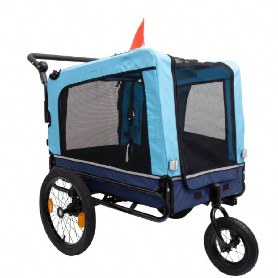 2 - in - 1 Bike Trailer Push Cart Pets - Detachable Bike Hitch Push Handle Included - All - Terrain Wheels, Quick Release Wheel, Non - Slip Floor, Internal Leash, Holds Pets Up to 88 lbs, Blue