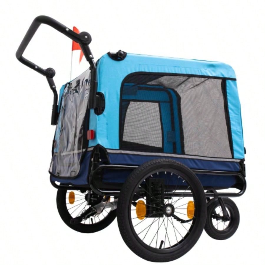 2 - in - 1 Bike Trailer Push Cart Pets - Detachable Bike Hitch Push Handle Included - All - Terrain Wheels, Quick Release Wheel, Non - Slip Floor, Internal Leash, Holds Pets Up to 88 lbs, Blue