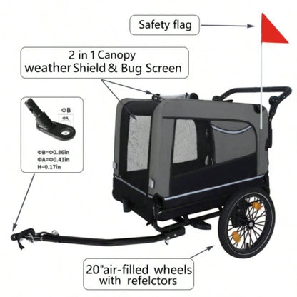 2 - in - 1 Bike Trailer Push Cart Pets - Detachable Bike Hitch Push Handle Included - All - Terrain Wheels, Quick Release Wheel, Non - Slip Floor, Internal Leash, Holds Pets Up to 88 lbs, Black -