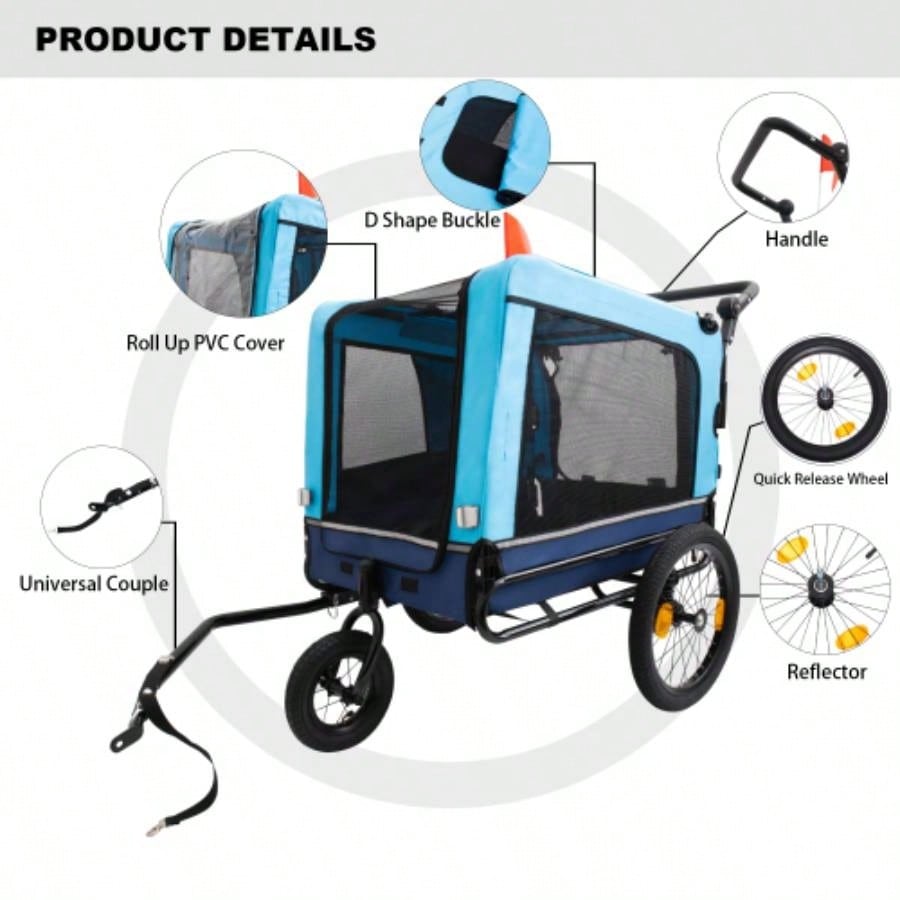 2 - in - 1 Bike Trailer Push Cart Pets - Detachable Bike Hitch Push Handle Included - All - Terrain Wheels, Quick Release Wheel, Non - Slip Floor, Internal Leash, Holds Pets Up to 88 lbs, Blue
