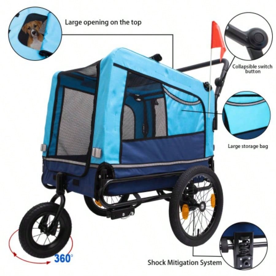 2 - in - 1 Bike Trailer Push Cart Pets - Detachable Bike Hitch Push Handle Included - All - Terrain Wheels, Quick Release Wheel, Non - Slip Floor, Internal Leash, Holds Pets Up to 88 lbs, Blue