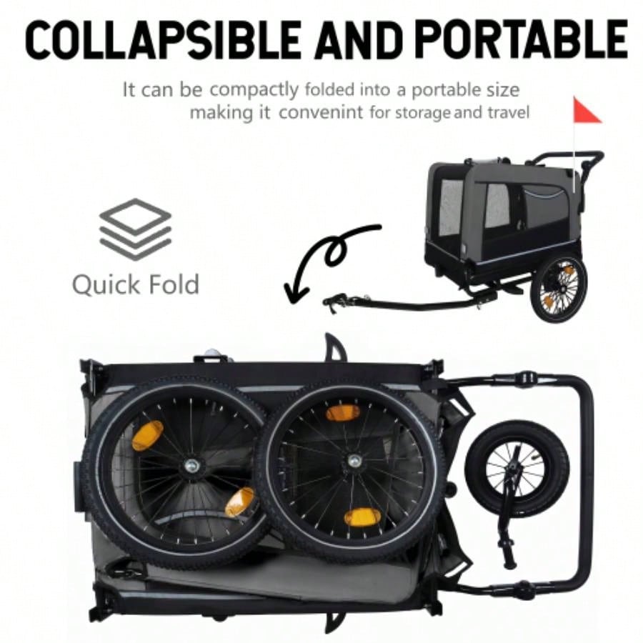 2 - in - 1 Bike Trailer Push Cart Pets - Detachable Bike Hitch Push Handle Included - All - Terrain Wheels, Quick Release Wheel, Non - Slip Floor, Internal Leash, Holds Pets Up to 88 lbs, Black -